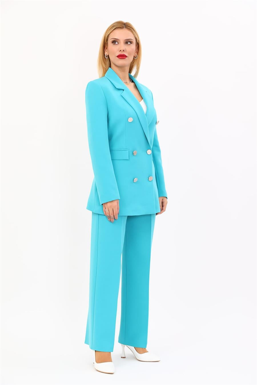 Erkek Yaka Kuruvaze Blazer Ceket & Bol Paça Pantolon-Turkuaz