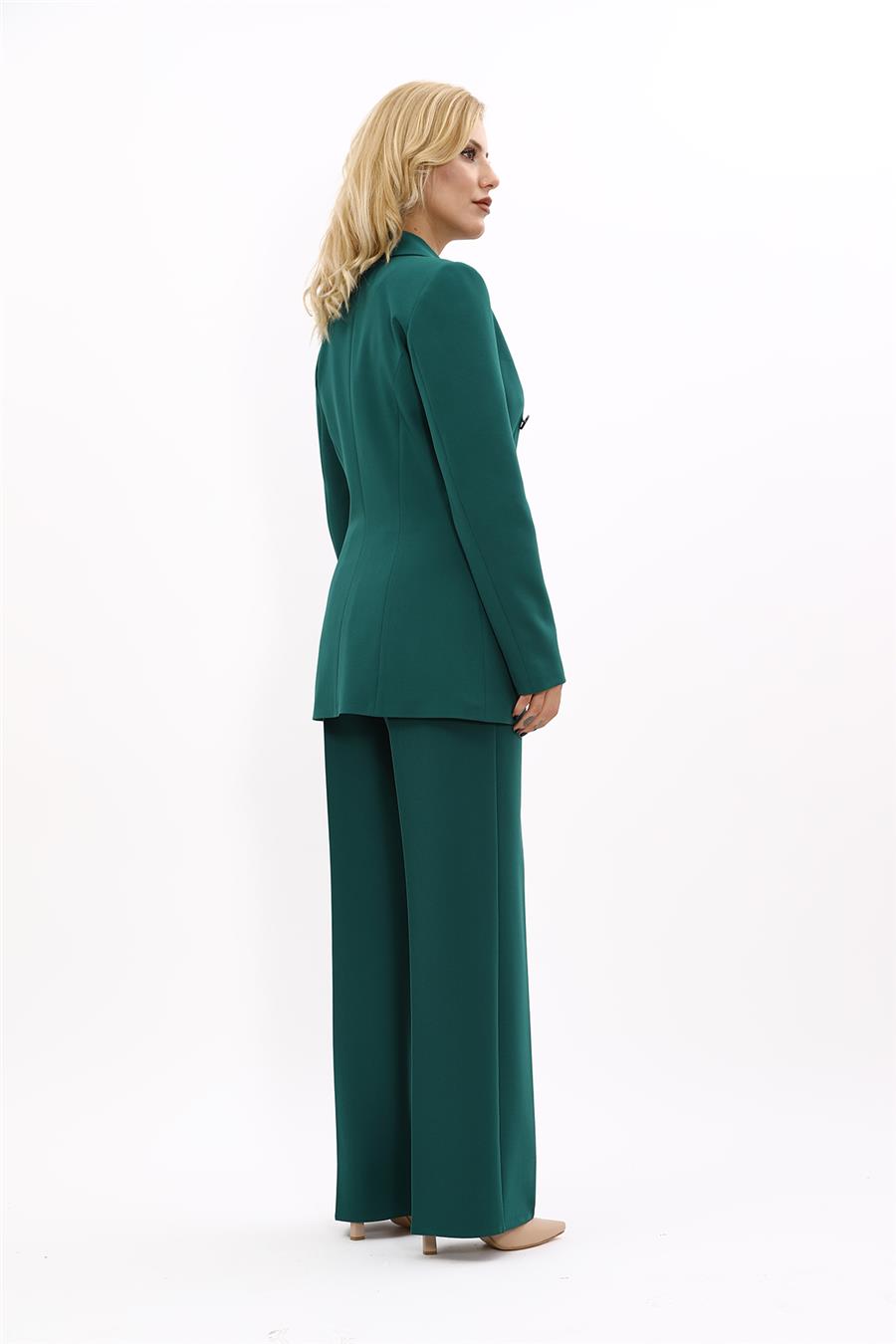 Erkek Yaka Kuruvaze Blazer Ceket & Bol Paça Pantolon-Zümrüt - 1034520