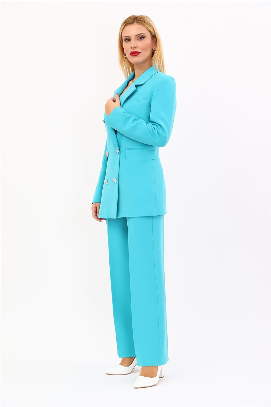 Erkek Yaka Kuruvaze Blazer Ceket & Bol Paça Pantolon-Turkuaz