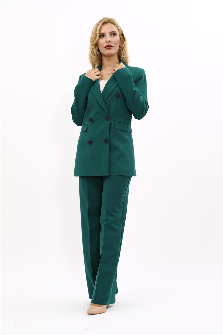 Erkek Yaka Kuruvaze Blazer Ceket & Bol Paça Pantolon-Zümrüt - 1034520
