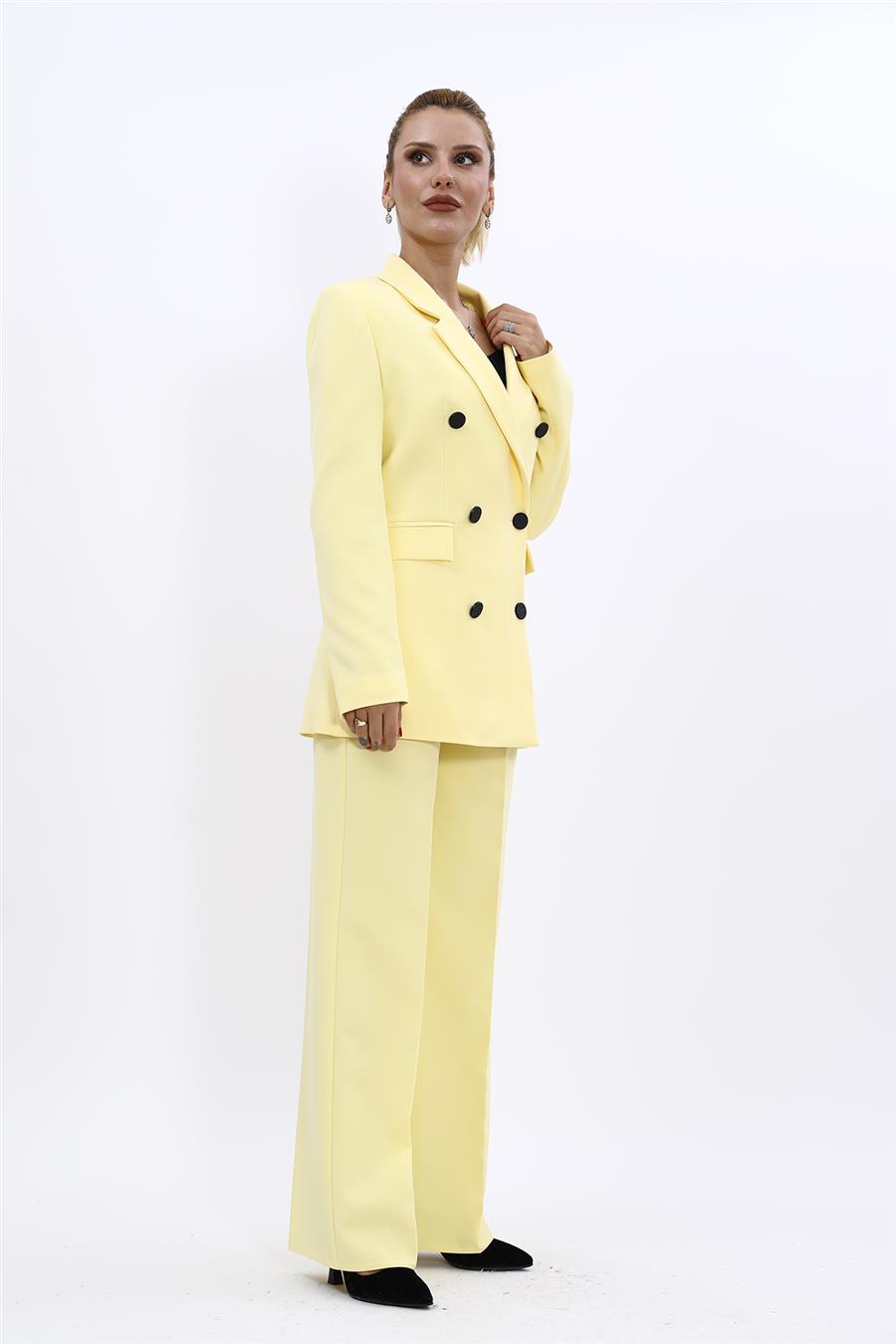 Erkek Yaka Kuruvaze Blazer Ceket & Bol Paça Pantolon-Sarı