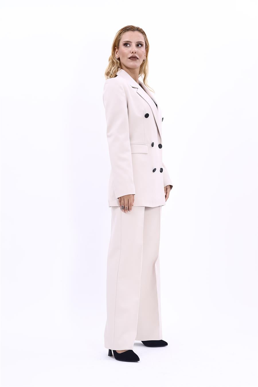 Erkek Yaka Kuruvaze Blazer Ceket & Bol Paça Pantolon-Bej - 1034520