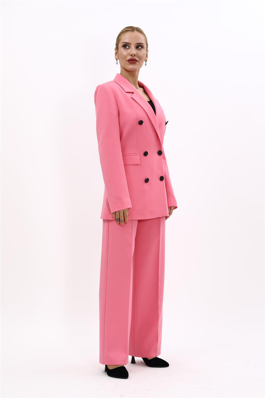 Erkek Yaka Kuruvaze Blazer Ceket & Bol Paça Pantolon-Pembe
