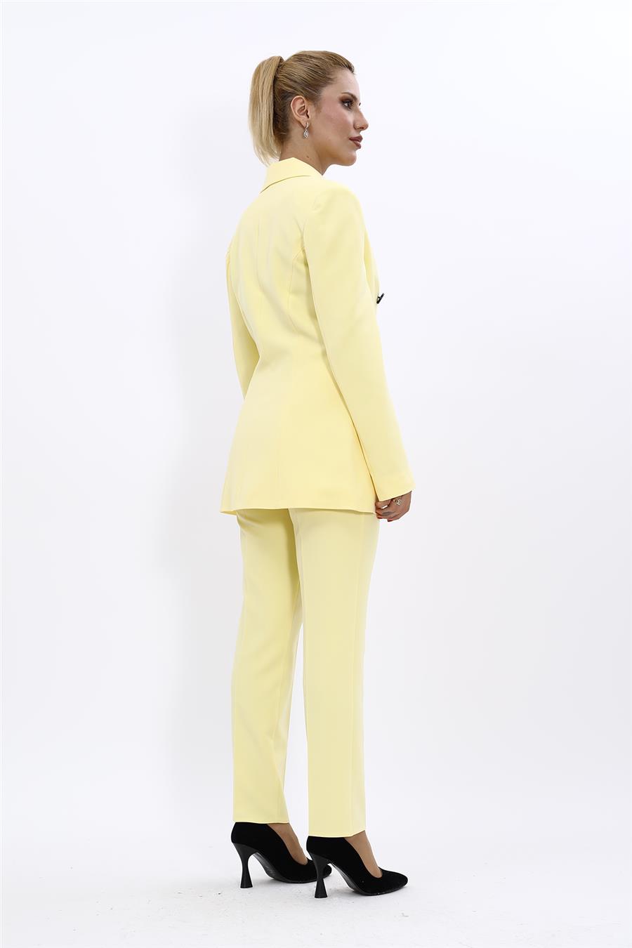 Erkek Yaka Kuruvaze Blazer Ceket & Dar Paça Pantolon-Sarı