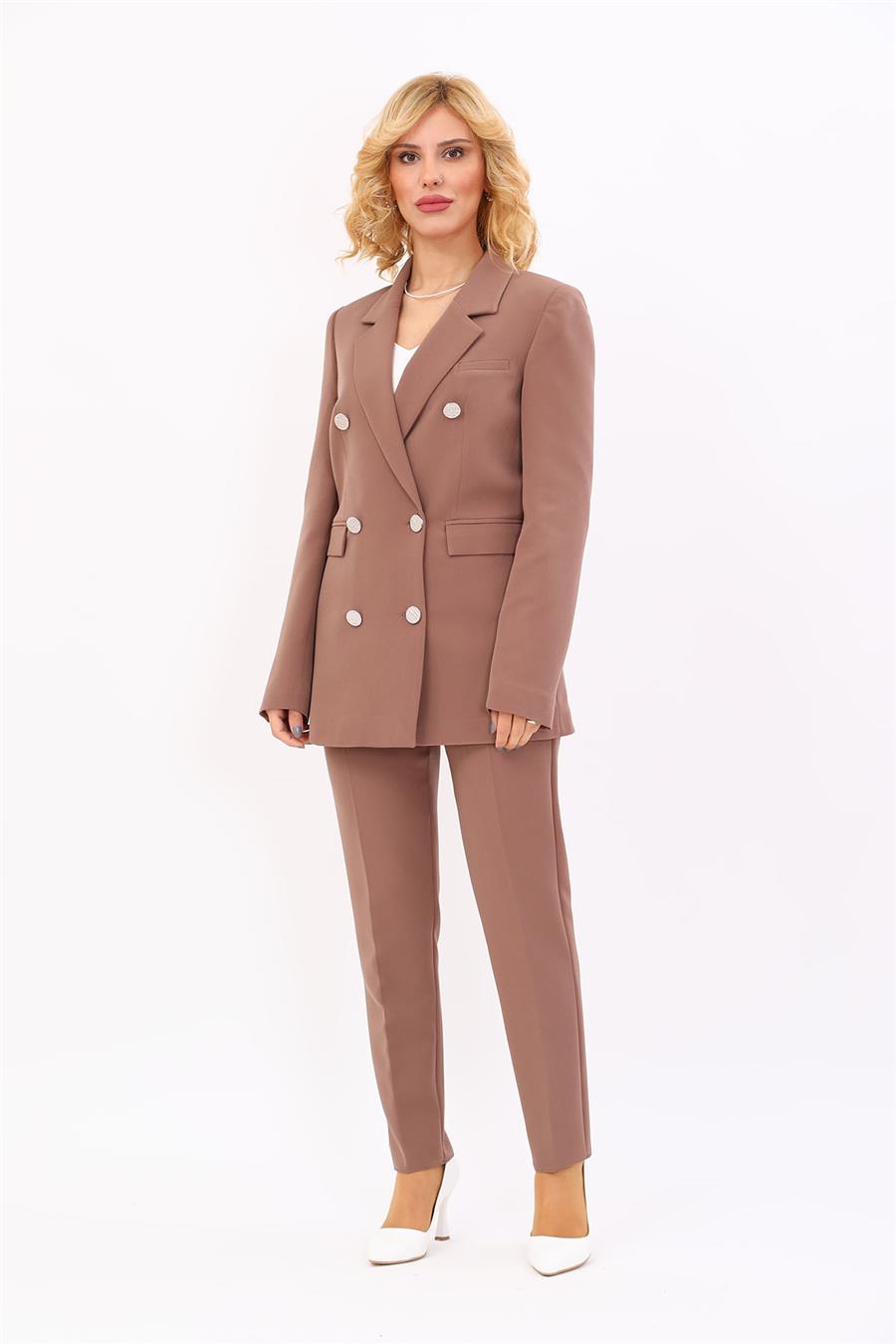 Erkek Yaka Kuruvaze Blazer Ceket & Dar Paça Pantolon-Kahve