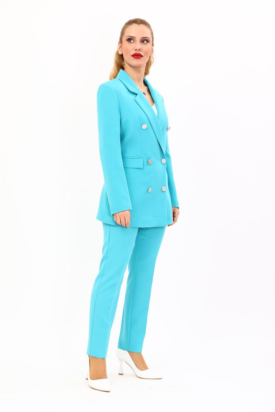 Erkek Yaka Kuruvaze Blazer Ceket & Dar Paça Pantolon-Turkuaz