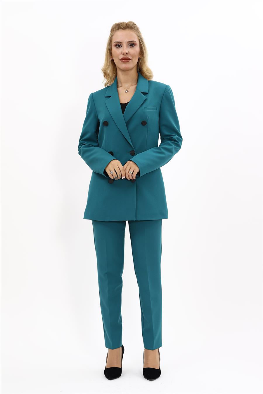 Erkek Yaka Kruvaze Blazer Ceket & Dar Paça Pantolon-Petrol - 1034510