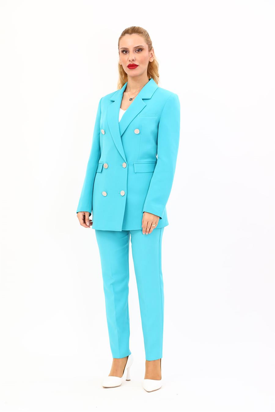 Erkek Yaka Kuruvaze Blazer Ceket & Dar Paça Pantolon-Turkuaz