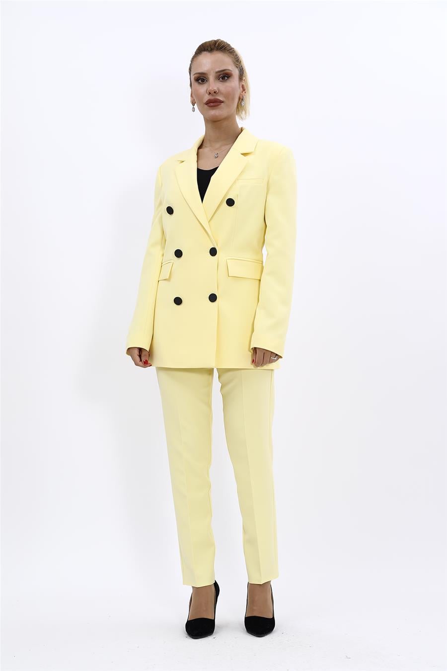 Erkek Yaka Kuruvaze Blazer Ceket & Dar Paça Pantolon-Sarı
