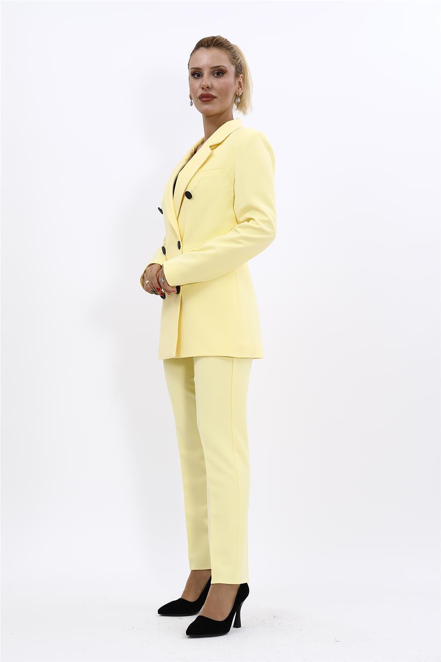 Erkek Yaka Kuruvaze Blazer Ceket & Dar Paça Pantolon-Sarı