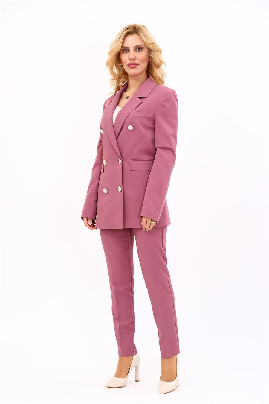 Erkek Yaka Kuruvaze Blazer Ceket & Dar Paça Pantolon-Rose - 1034510