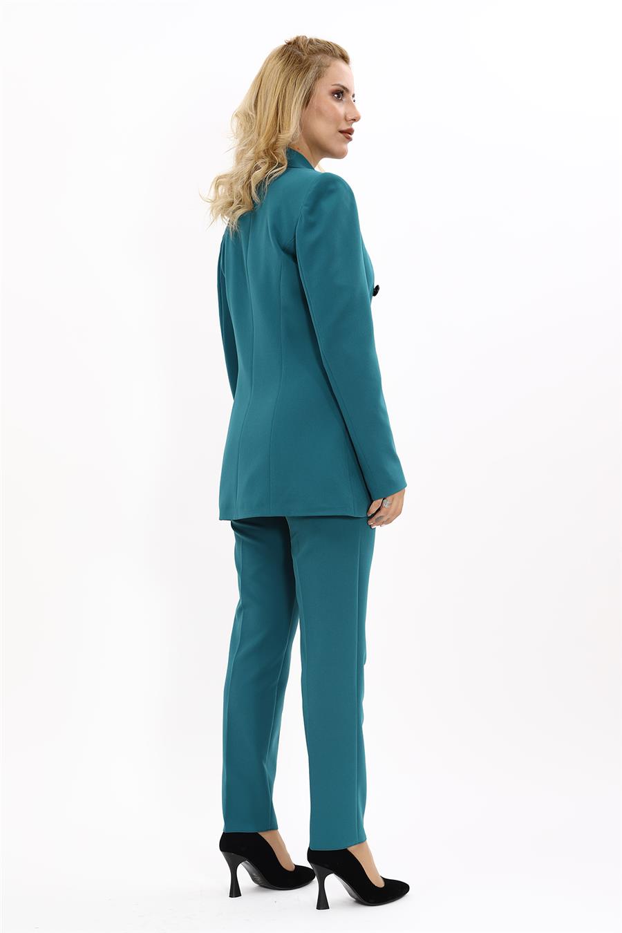 Erkek Yaka Kruvaze Blazer Ceket & Dar Paça Pantolon-Petrol - 1034510