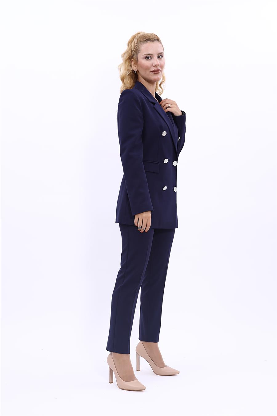 Erkek Yaka Kruvaze Blazer Ceket & Dar Paça Pantolon-Lacivert - 1034510
