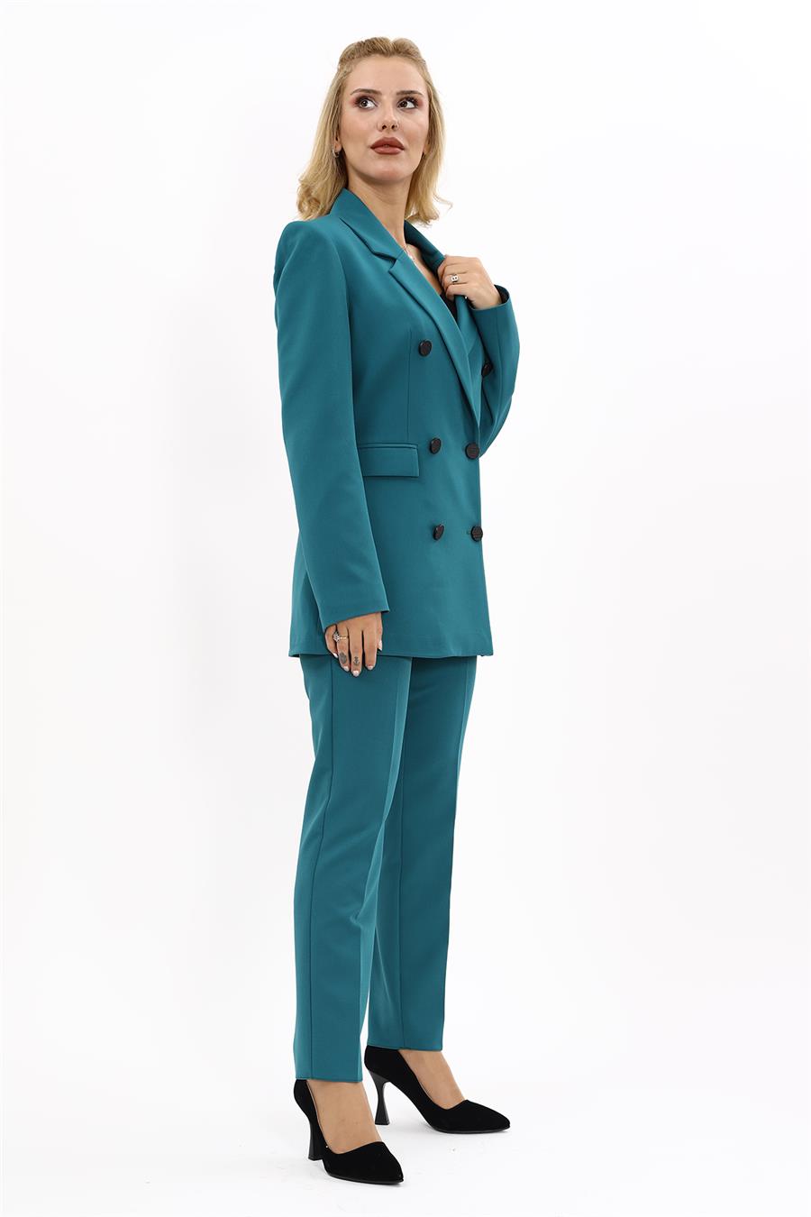 Erkek Yaka Kruvaze Blazer Ceket & Dar Paça Pantolon-Petrol - 1034510