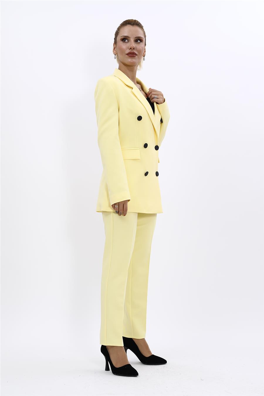 Erkek Yaka Kuruvaze Blazer Ceket & Dar Paça Pantolon-Sarı