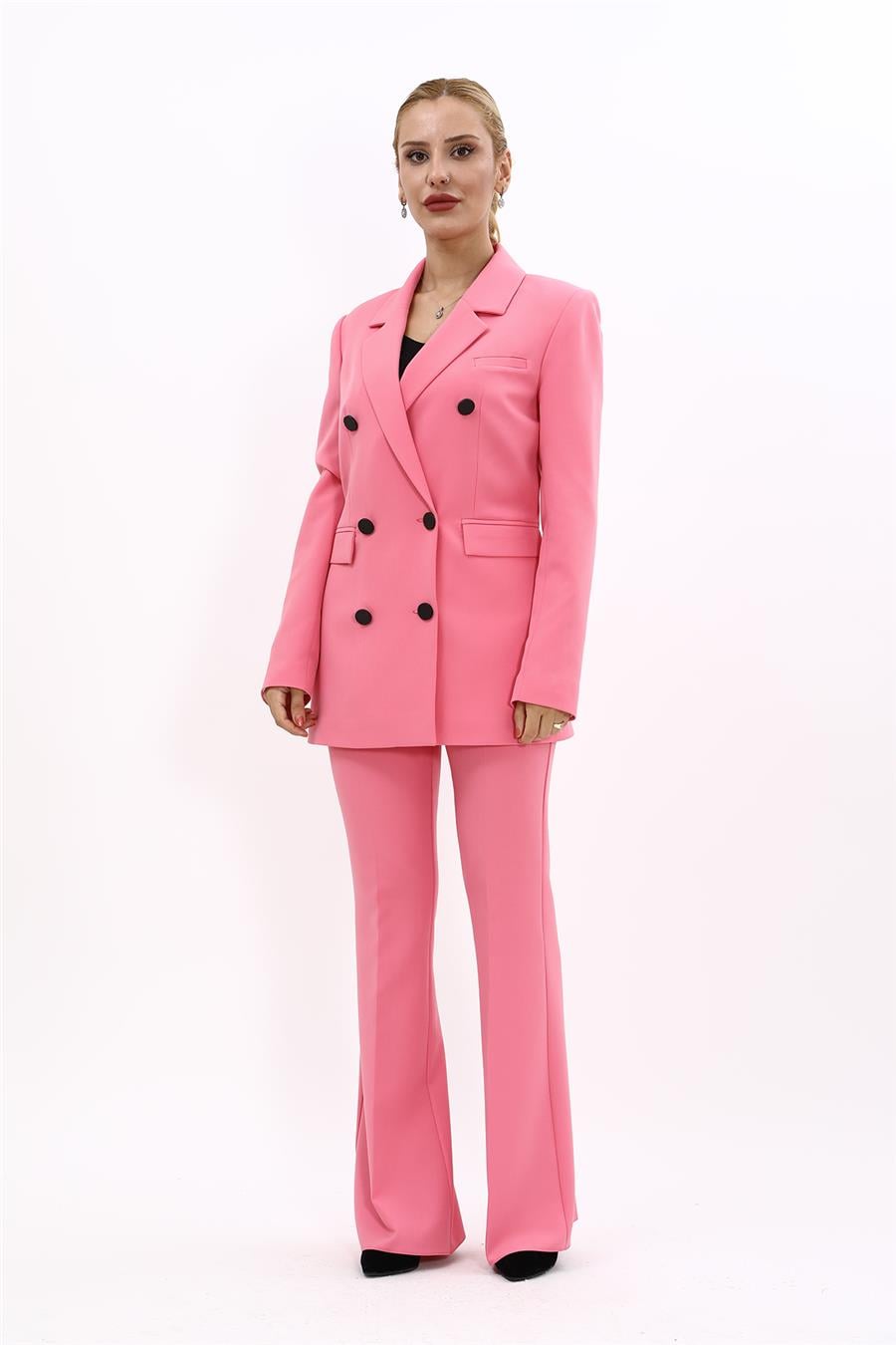 Erkek Yaka Kuruvaze Blazer Ceket & İspanyol Paça Pantolon-Pembe