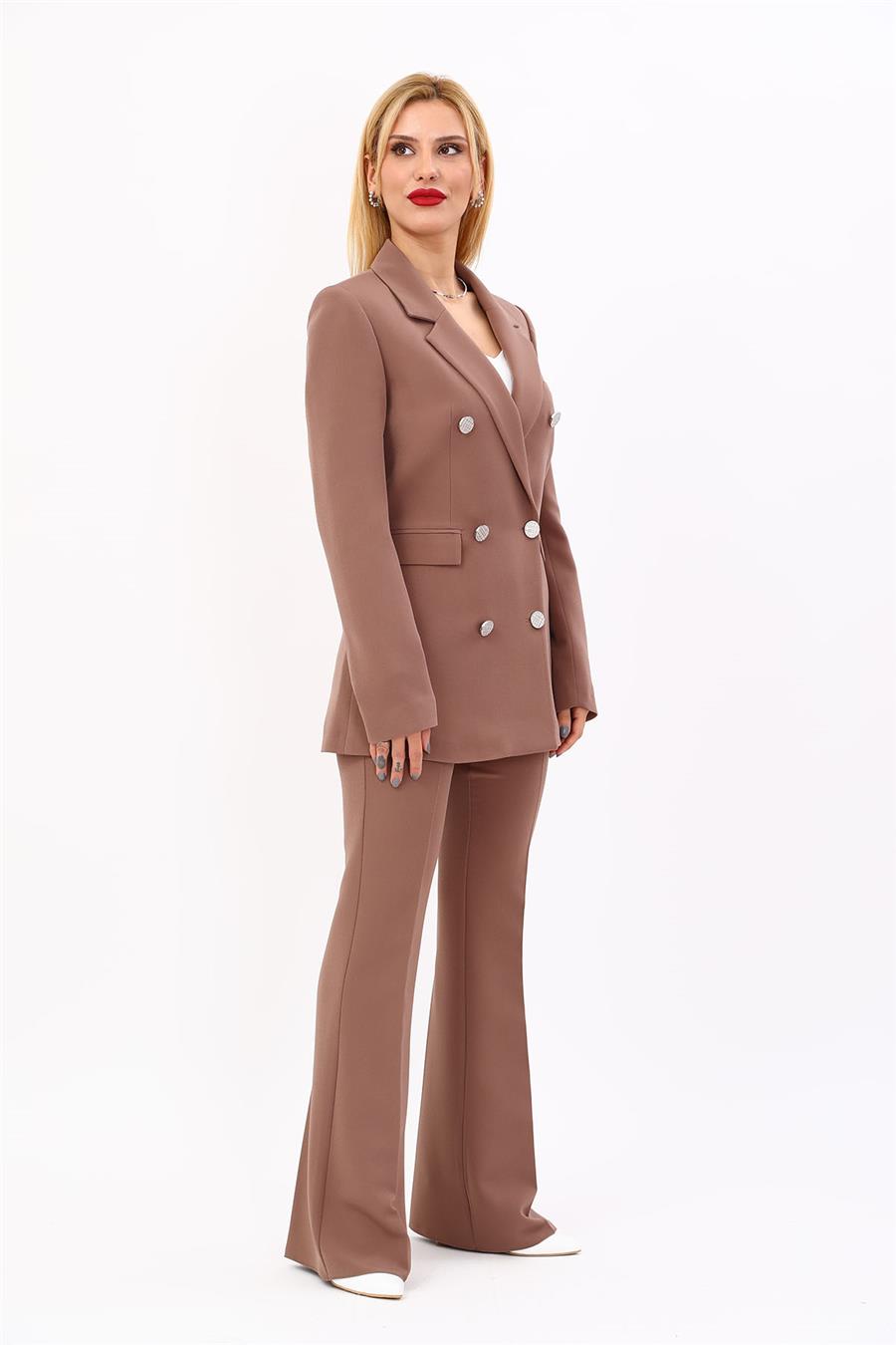 Erkek Yaka Kuruvaze Blazer Ceket & İspanyol Paça Pantolon-Kahve