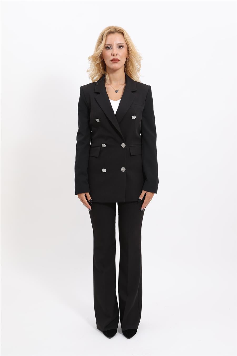 Erkek Yaka Kuruvaze Blazer Ceket & İspanyol Paça Pantolon-Siyah