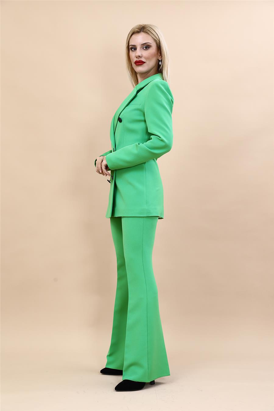Erkek Yaka Kuruvaze Blazer Ceket & İspanyol Paça Pantolon-Yeşil