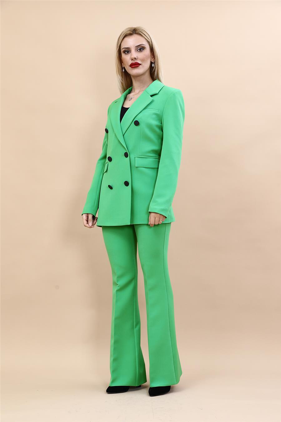 Erkek Yaka Kuruvaze Blazer Ceket & İspanyol Paça Pantolon-Yeşil