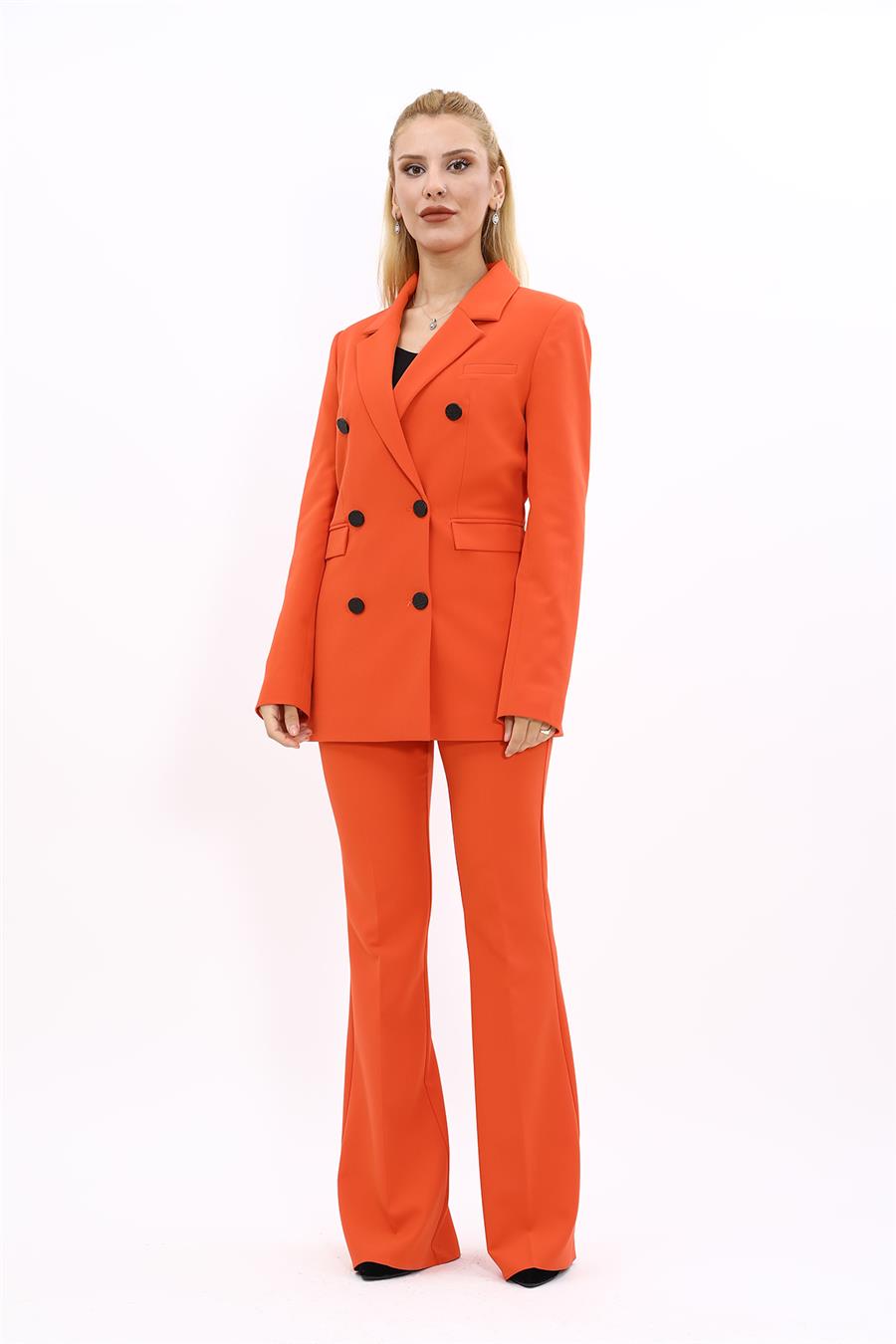 Erkek Yaka Kuruvaze Blazer Ceket & İspanyol Paça Pantolon-Turuncu - 1034530