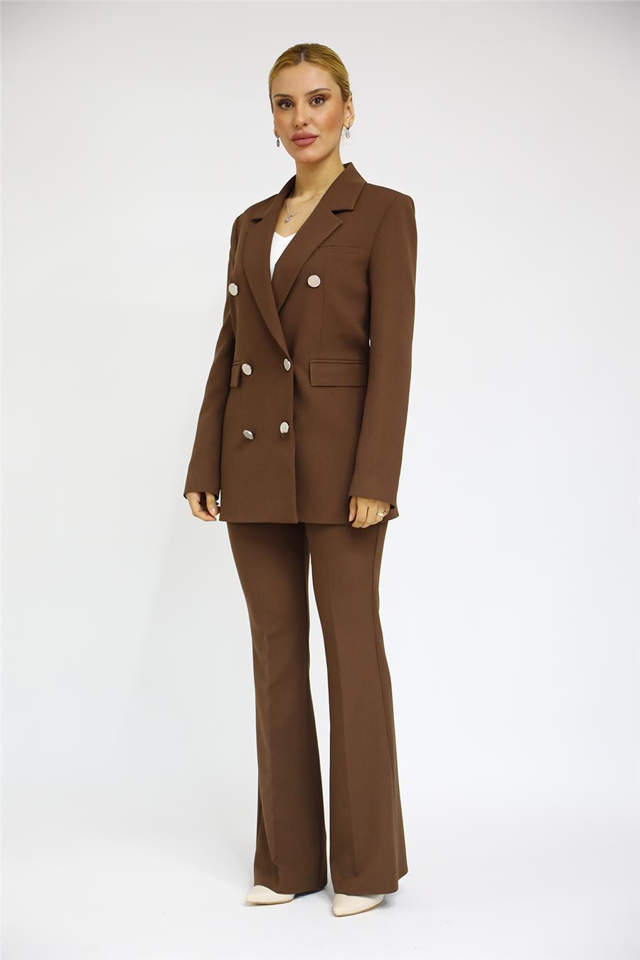 Erkek Yaka Kuruvaze Blazer Ceket & İspanyol Paça Pantolon-Kestane