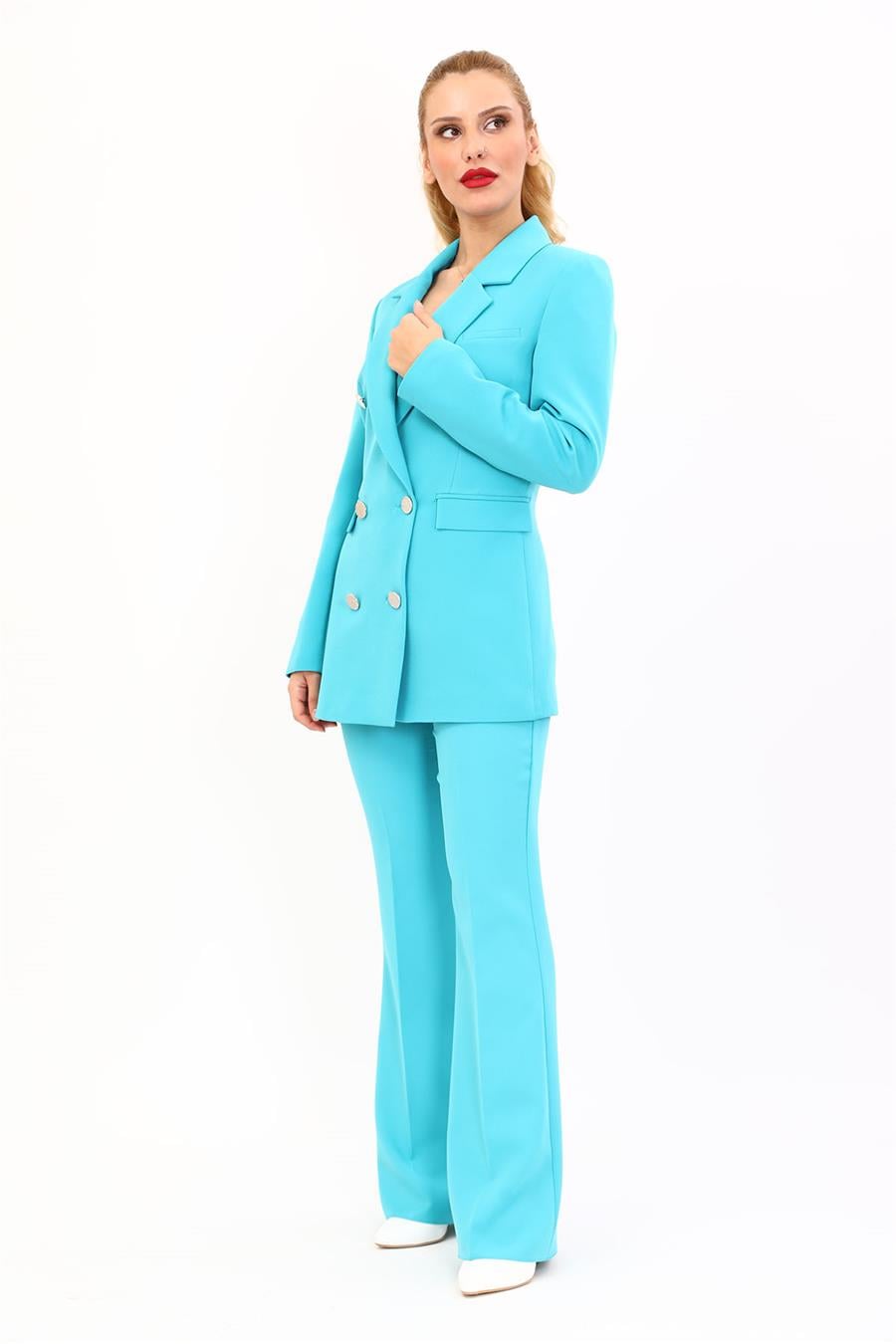 Erkek Yaka Kuruvaze Blazer Ceket & İspanyol Paça Pantolon-Turkuaz