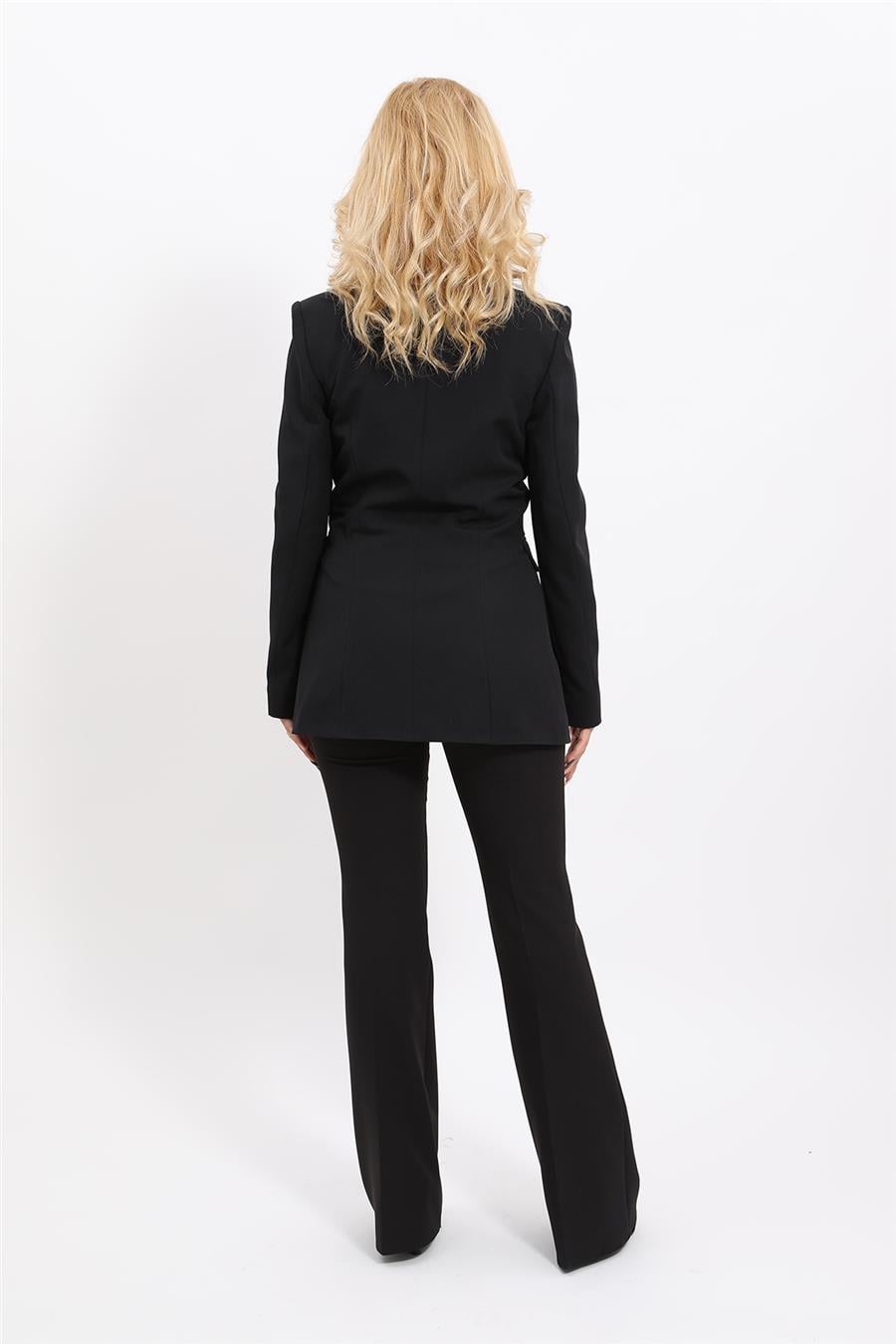 Erkek Yaka Kuruvaze Blazer Ceket & İspanyol Paça Pantolon-Siyah