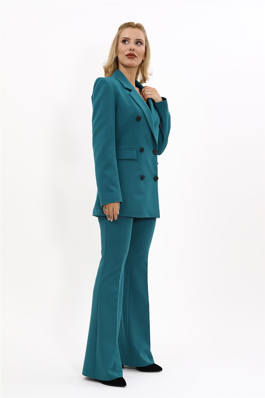 Erkek Yaka Kruvaze Blazer Ceket & İspanyol Paça Pantolon-Petrol - 1034530
