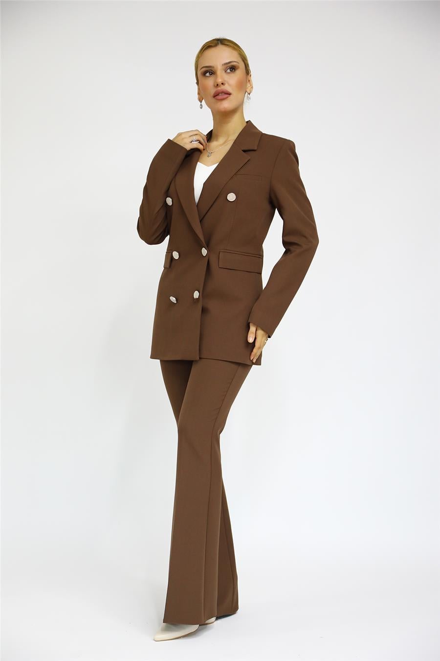 Erkek Yaka Kuruvaze Blazer Ceket & İspanyol Paça Pantolon-Kestane