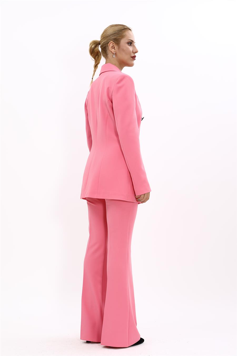 Erkek Yaka Kuruvaze Blazer Ceket & İspanyol Paça Pantolon-Pembe