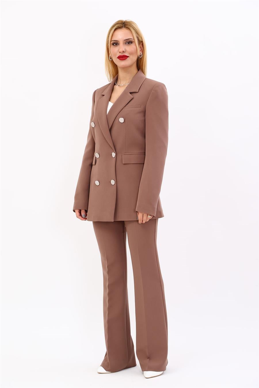 Erkek Yaka Kuruvaze Blazer Ceket & İspanyol Paça Pantolon-Kahve