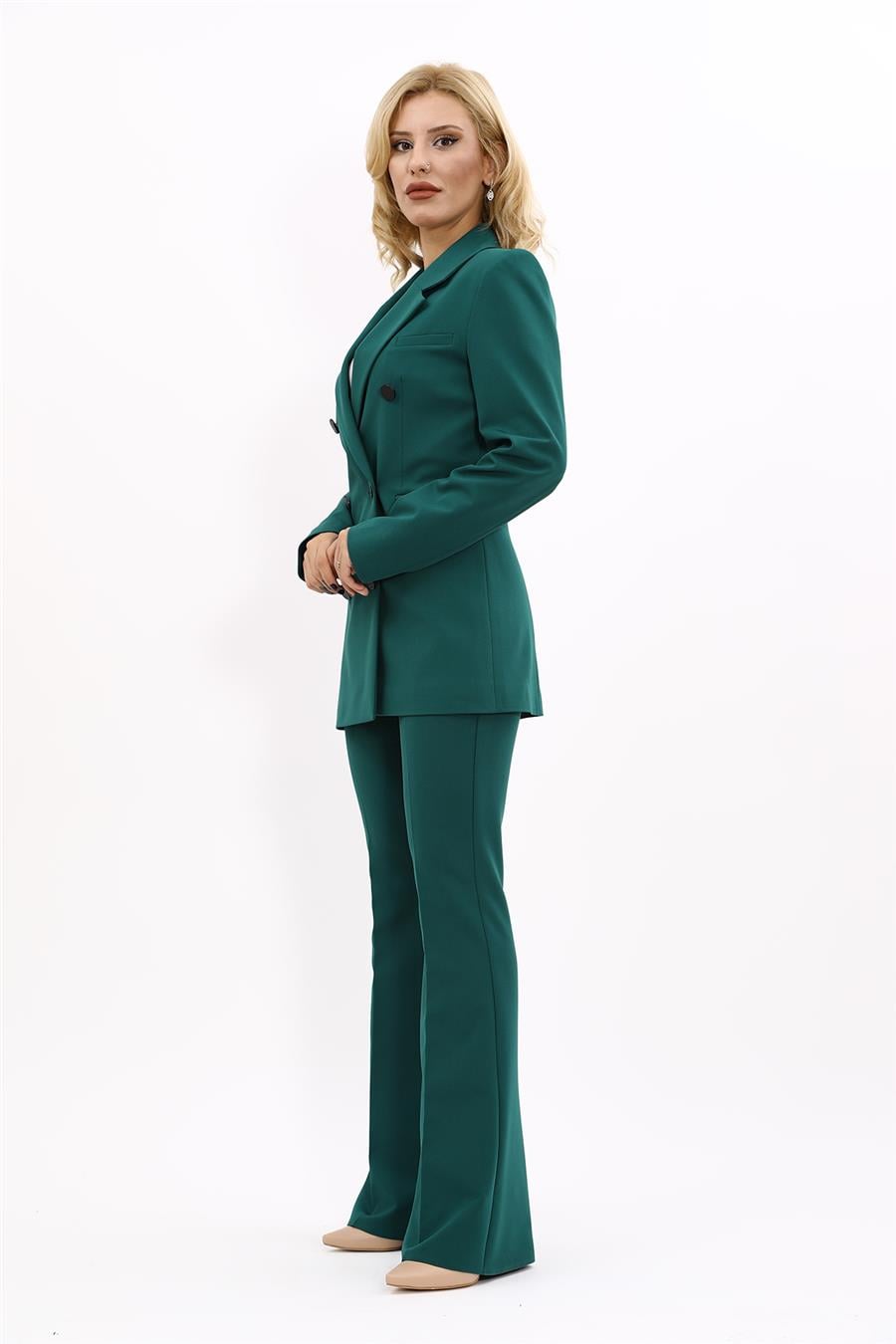 Erkek Yaka Kuruvaze Blazer Ceket & İspanyol Paça Pantolon-Zümrüt