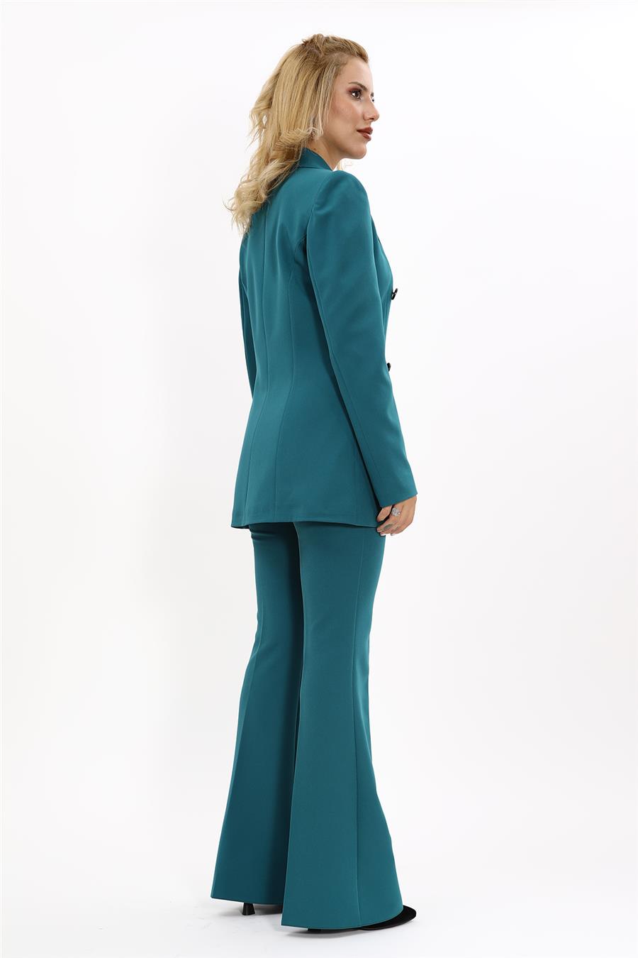 Erkek Yaka Kruvaze Blazer Ceket & İspanyol Paça Pantolon-Petrol - 1034530