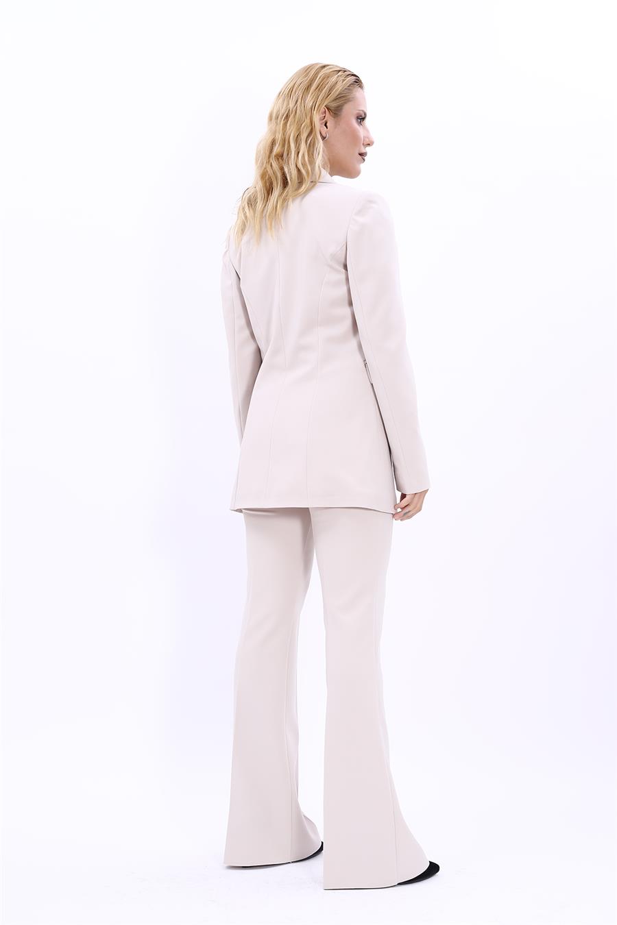 Erkek Yaka Kuruvaze Blazer Ceket & İspanyol Paça Pantolon-Bej