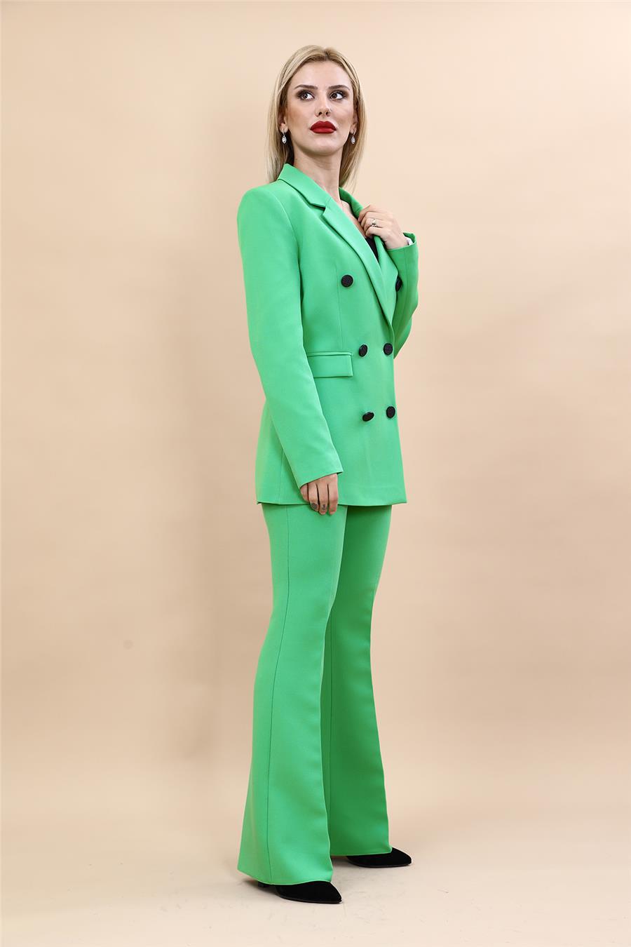 Erkek Yaka Kuruvaze Blazer Ceket & İspanyol Paça Pantolon-Yeşil