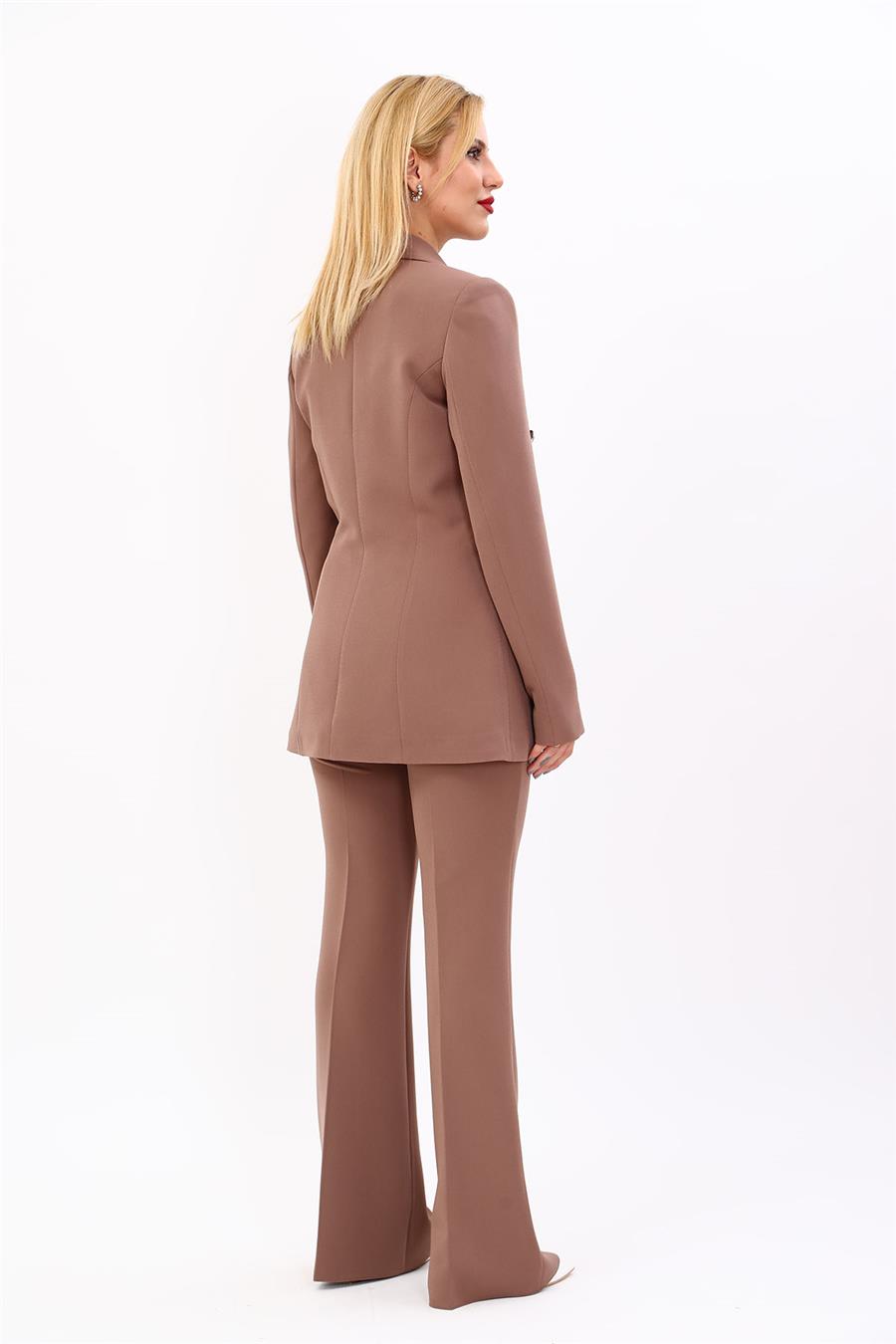 Erkek Yaka Kuruvaze Blazer Ceket & İspanyol Paça Pantolon-Kahve