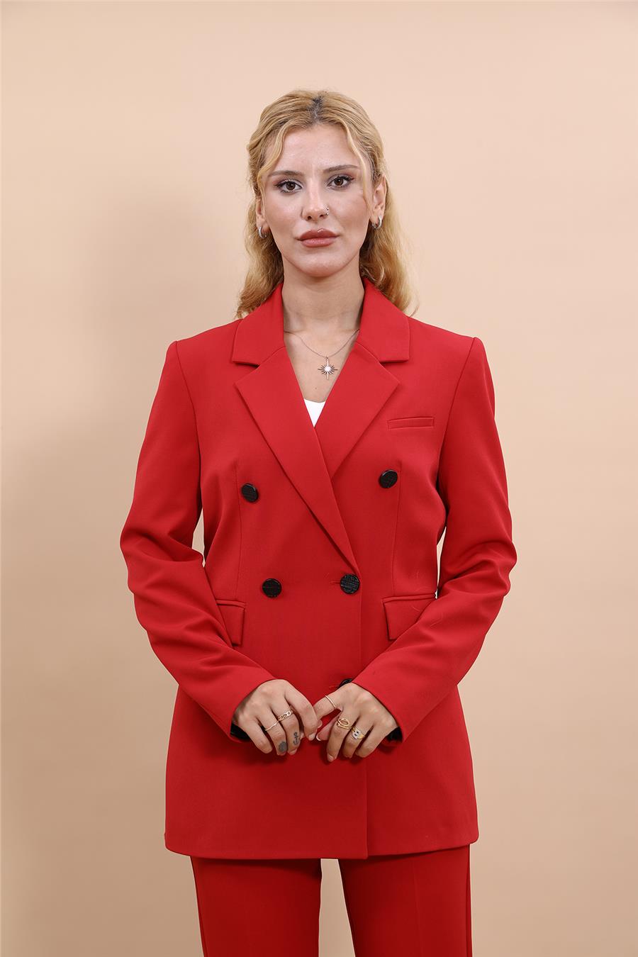 Erkek Yaka Kruvaze Blazer Ceket-Kırmızı - 1034100