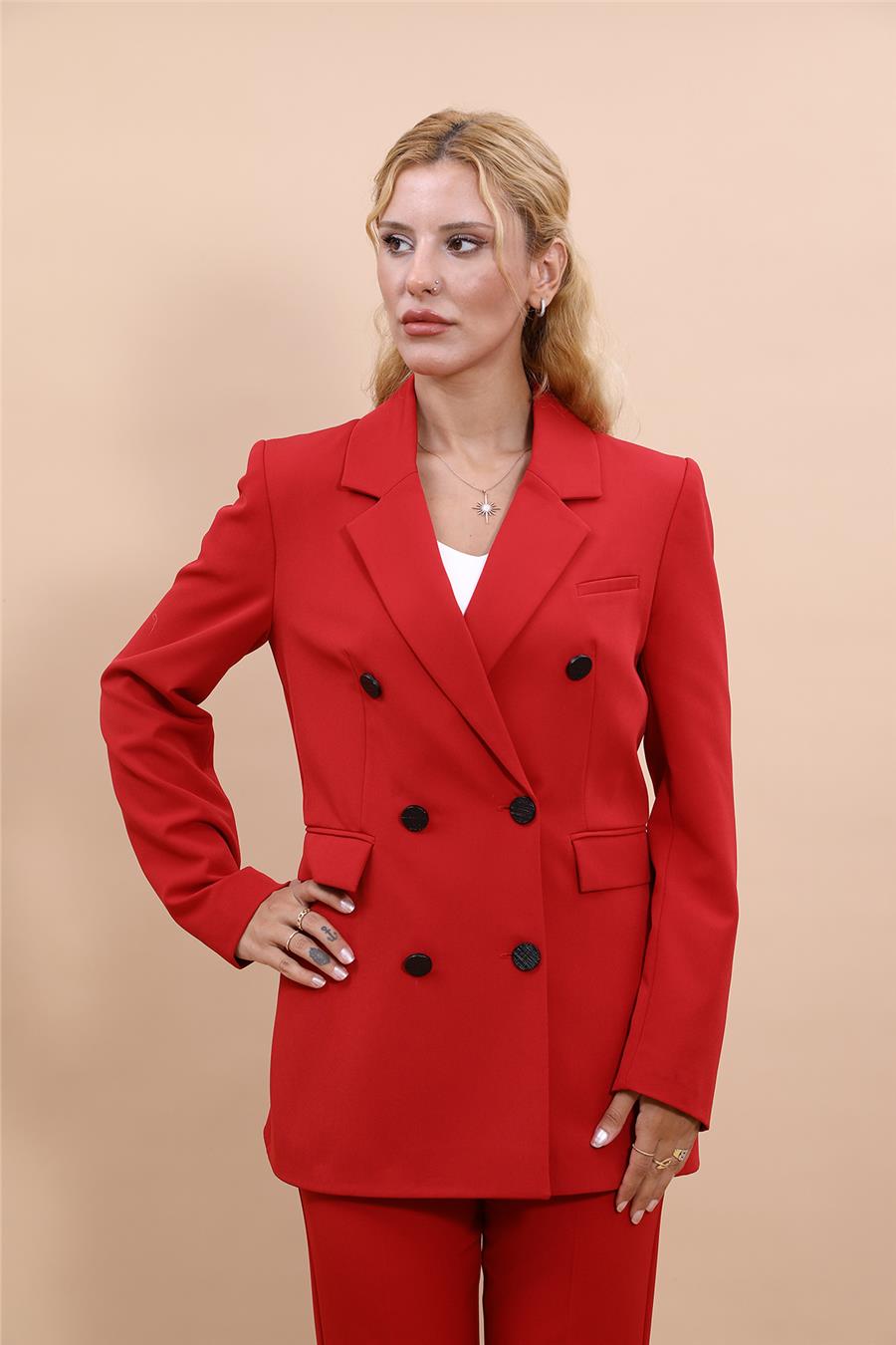 Erkek Yaka Kruvaze Blazer Ceket-Kırmızı - 1034100