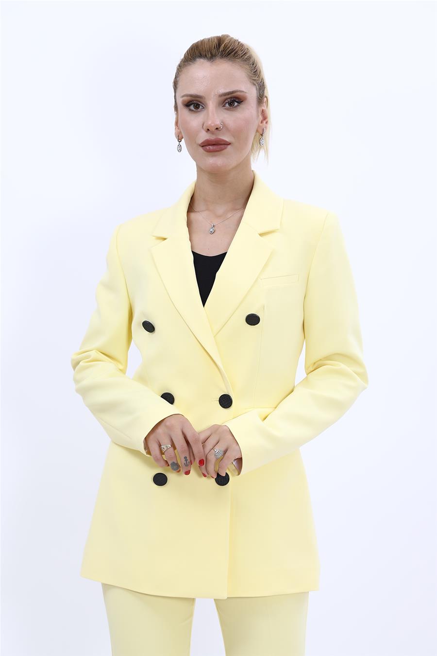 Erkek Yaka Kuruvaze Blazer Ceket-Sarı - 1034100