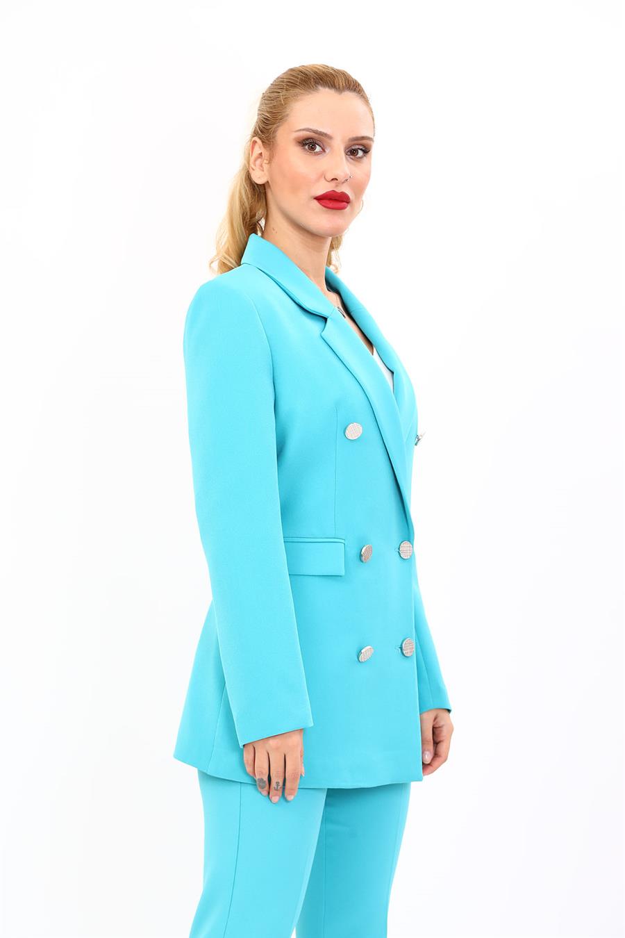 Erkek Yaka Kruvaze Blazer Ceket-Turkuaz - 1034100