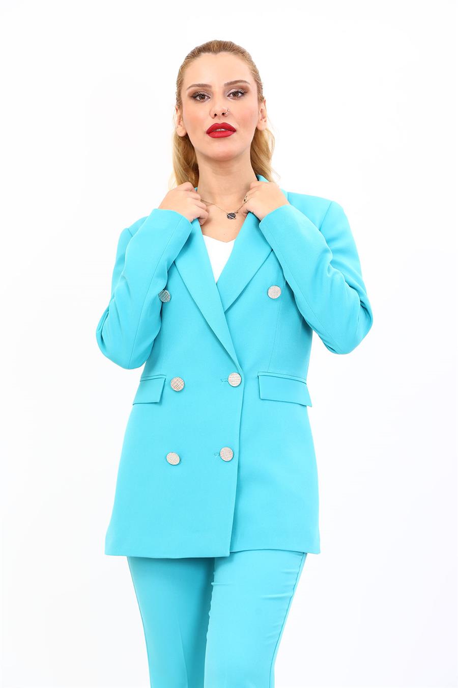 Erkek Yaka Kruvaze Blazer Ceket-Turkuaz - 1034100