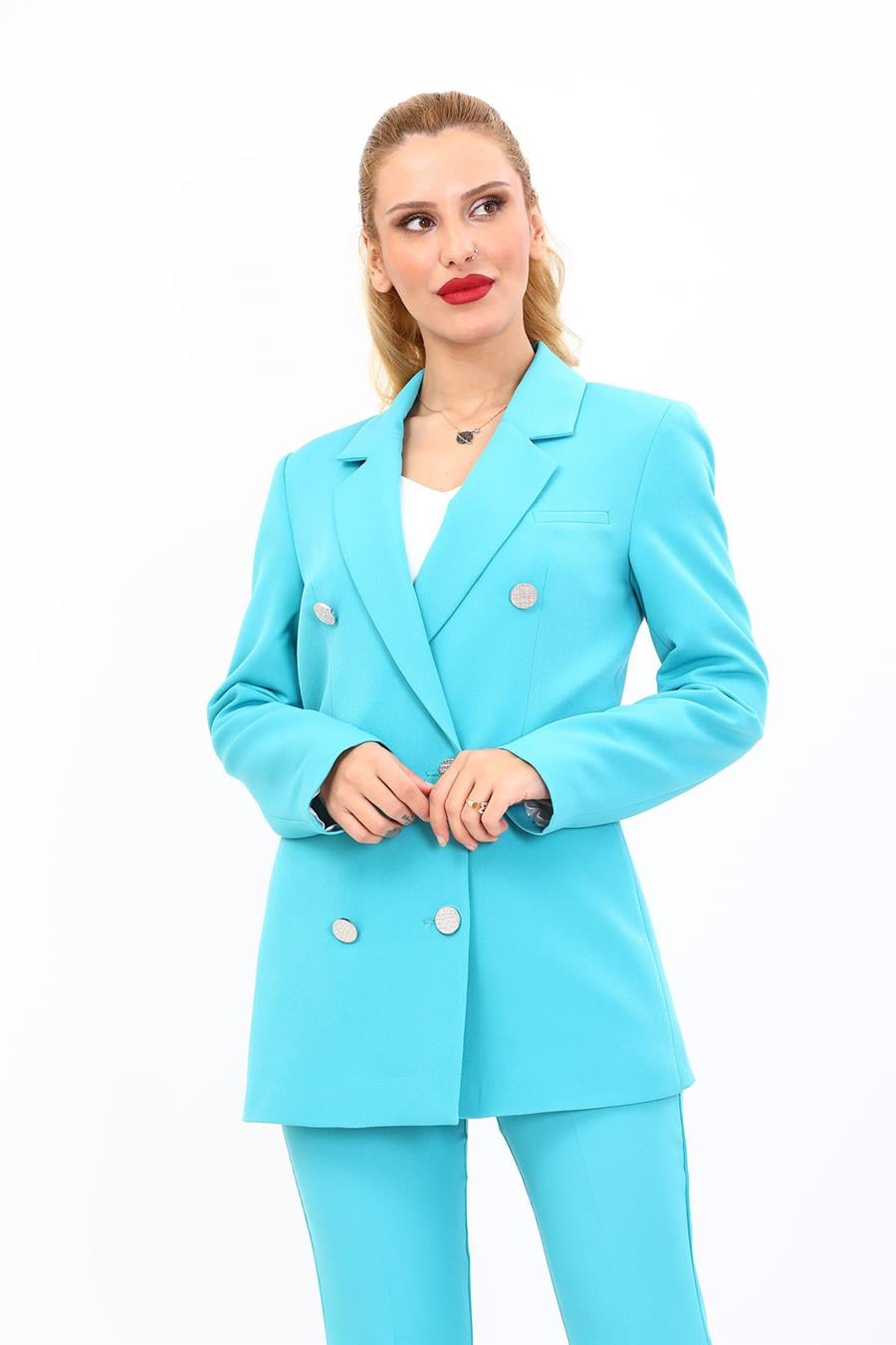 Erkek Yaka Kruvaze Blazer Ceket-Turkuaz - 1034100