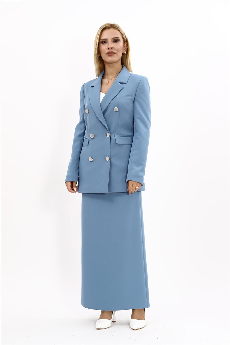 Erkek Yaka Kuruvaze Blazer Ceket & Uzun Düz Dar Etek-Deniz