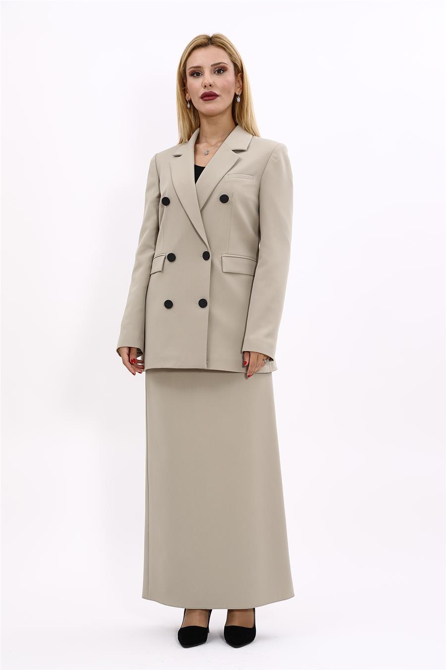 Erkek Yaka Kuruvaze Blazer Ceket & Uzun Düz Dar Etek-Bambu