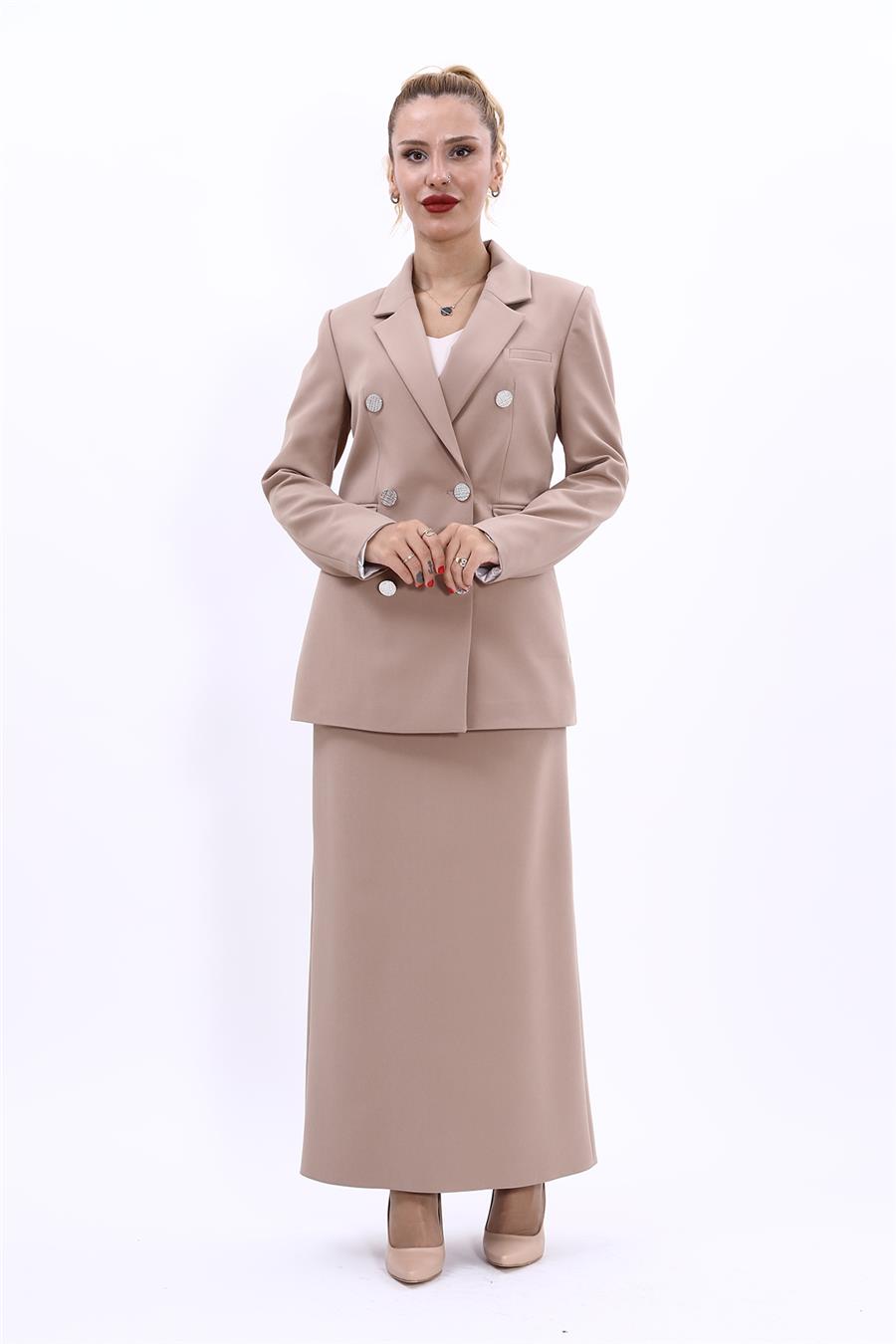 Erkek Yaka Kuruvaze Blazer Ceket & Uzun Düz Dar Etek-Taş