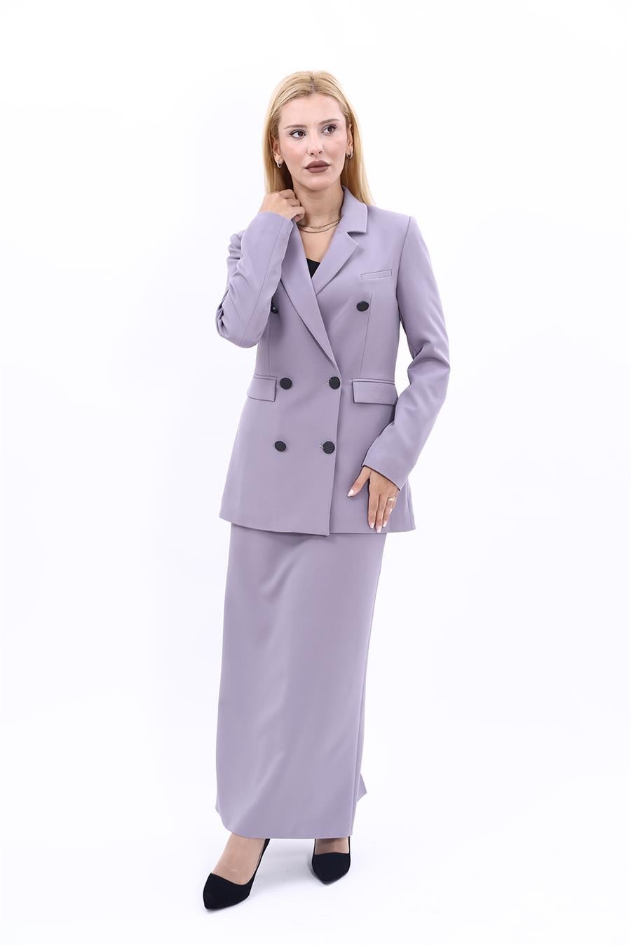 Erkek Yaka Kuruvaze Blazer Ceket & Uzun Düz Dar Etek-Antrasit
