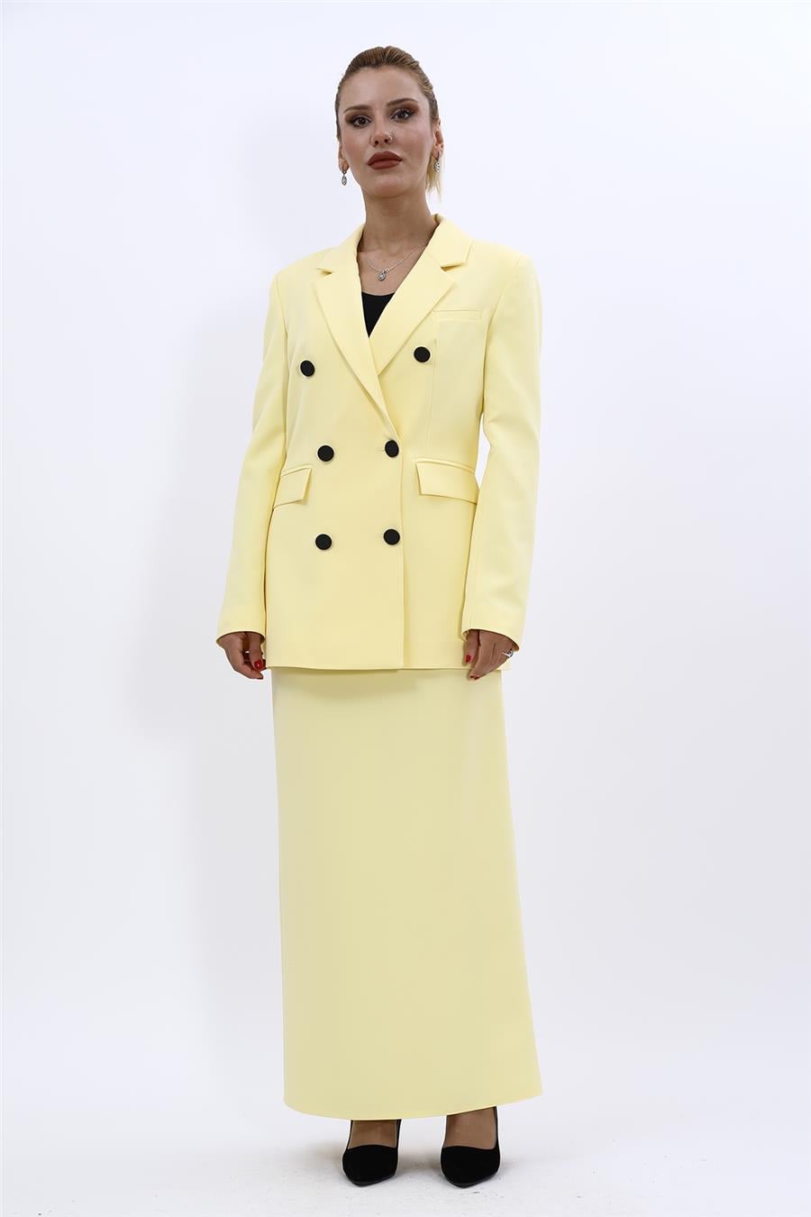 Erkek Yaka Kuruvaze Blazer Ceket & Uzun Düz Dar Etek-Sarı