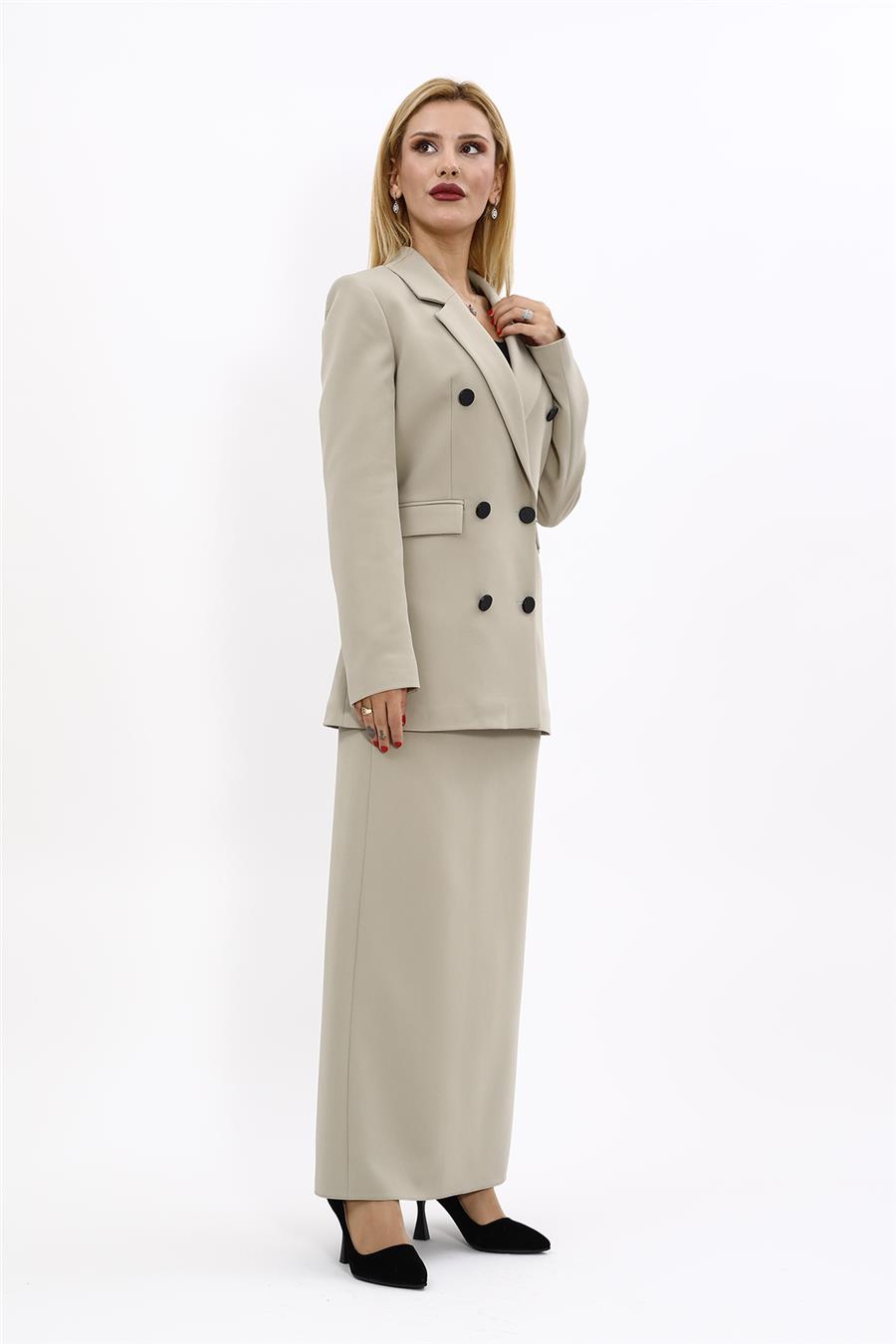 Erkek Yaka Kuruvaze Blazer Ceket & Uzun Düz Dar Etek-Bambu