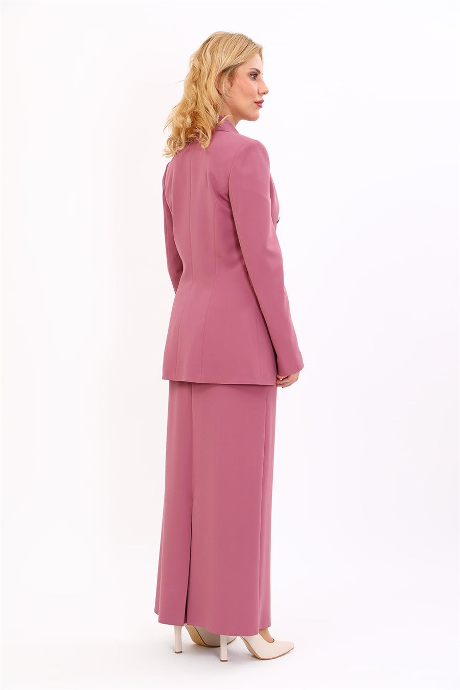 Erkek Yaka Kuruvaze Blazer Ceket & Uzun Düz Dar Etek-Rose